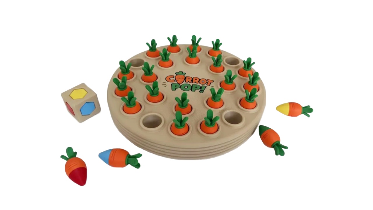 Tablero y piezas de Carrot Pop, impresas en 3D por Trash Panda